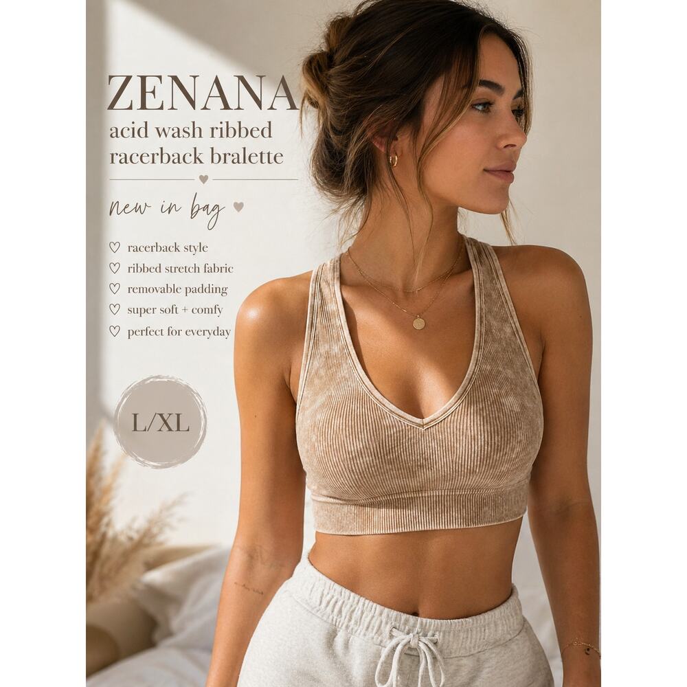 NIP Zenana Acid Wash Ribbed Racerback Padded Bralette L/XL